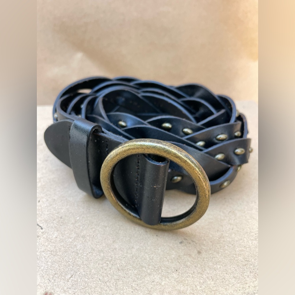HOBO, Black Leather Belt with Brass Details, Size M/L